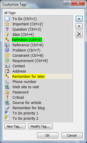 OneNote Customize Tags Menu
